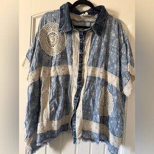 Olí and Hali Blue Paisley Button-Up with Crochet Trim